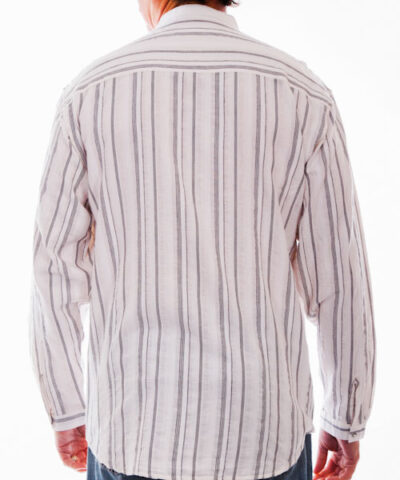 The back of a man wearing a Mens Scully Grey Stripe Chest Pocket White Banded Collar Shirt.