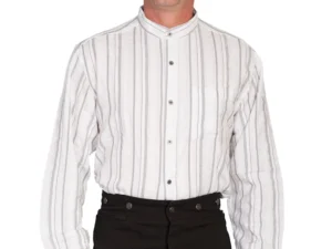 Mens Scully Grey Stripe Chest Pocket White Banded Collar Shirt