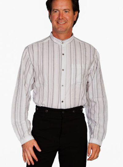 A man in a Mens Scully Grey Stripe Chest Pocket White Banded Collar Shirt and black pants.