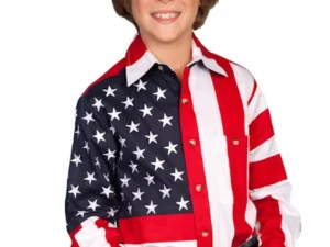 A young boy wearing a Kids Scully American flag long western shirt.