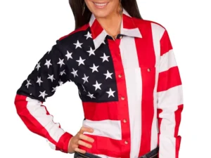 A woman in a Scully Women's American flag western shirt posing for a photo.