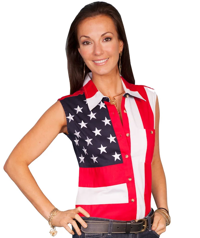 A woman wearing a Scully Womens Short sleeveless American flag western shirt.