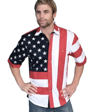 mens USA flag stars and stripes embroidered short sleeve shirt