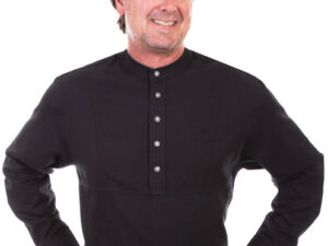A man in a Mens Scully Black western star pull over banded collar shirt is posing for a photo.
