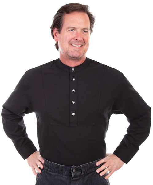 A man in a Mens Scully Black western star pull over banded collar shirt is posing for a photo.