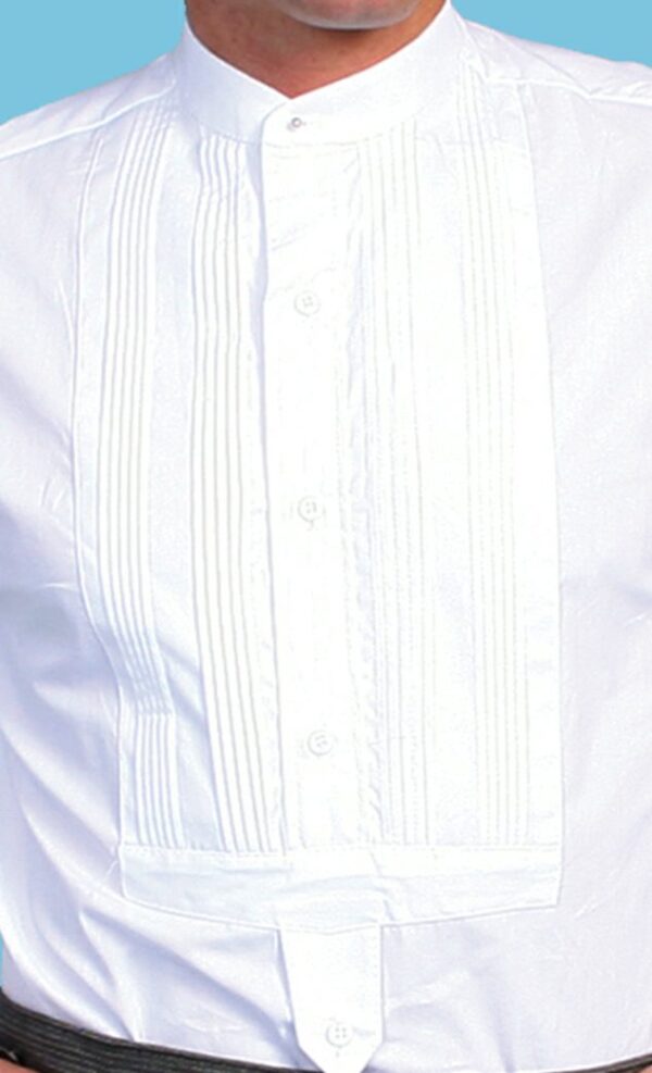 A man wearing a Mens Scully White gambler pull over banded collar shirt.