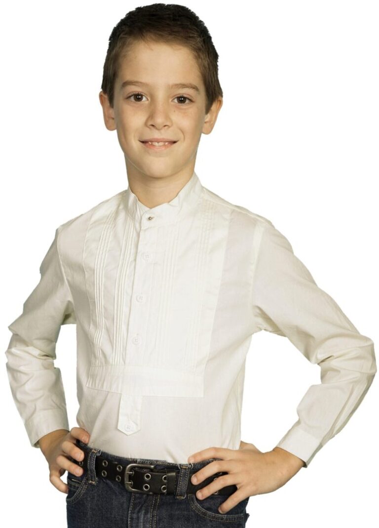 A young boy wearing a Scully Rangewear Kids Tuxedo Ivory Western pull over shirt and jeans.