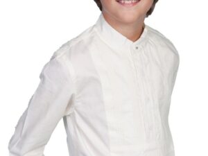 A boy in a Scully Rangewear Kids Tuxedo White Western pull over shirt.