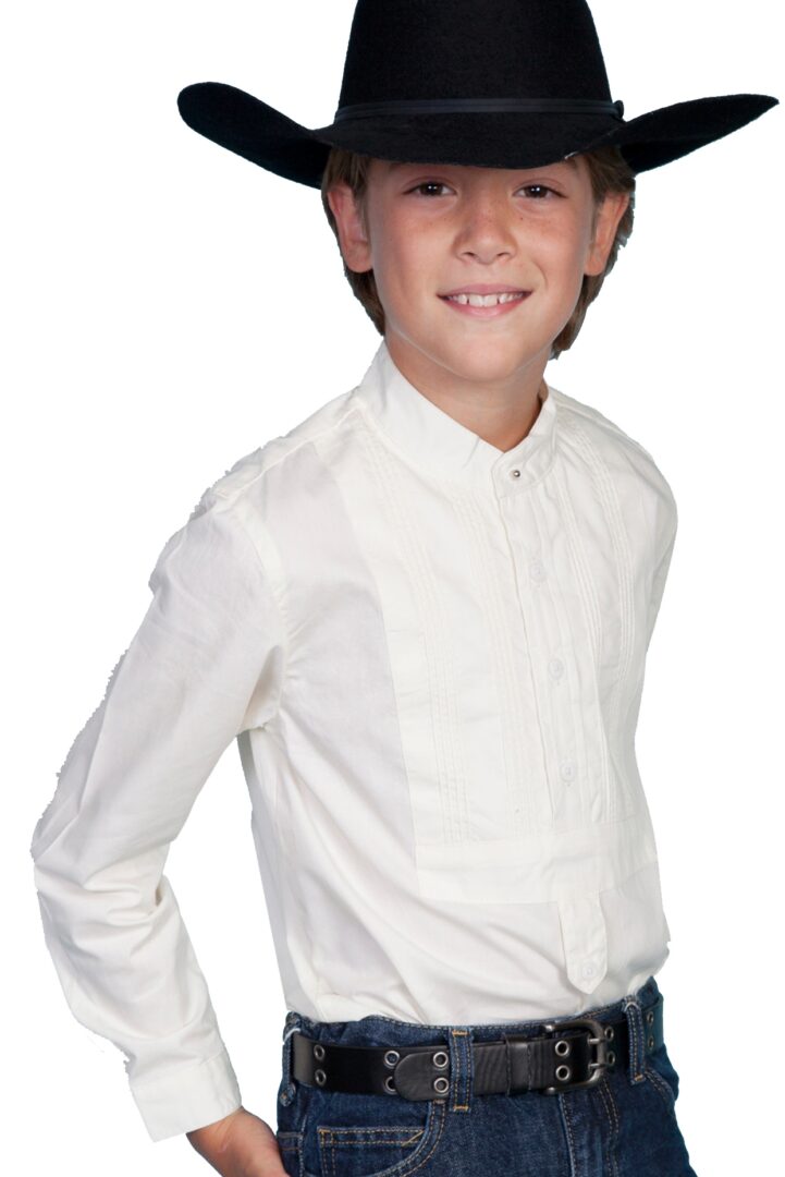 A boy in a Scully Rangewear Kids Tuxedo White Western pull over shirt.