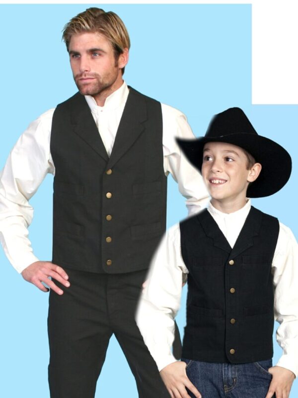 A kid wearing a Scully Kids 1800's Black canvas lapel vest and a cowboy hat, accompanied by an adult man in a matching outfit.