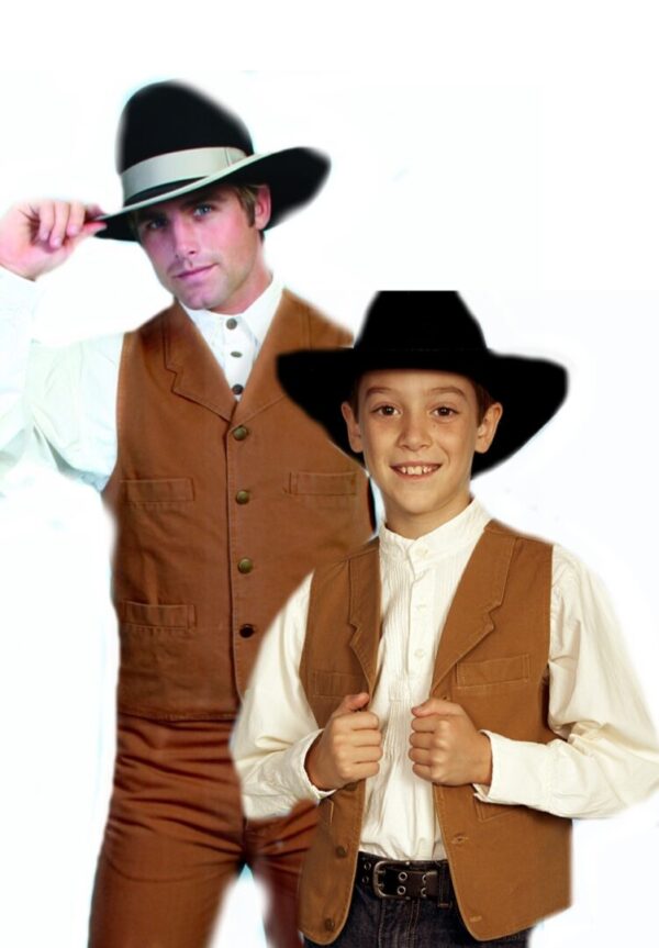 A man and a boy dressed as cowboys in Scully Kids 1800's Brown canvas lapel vests.