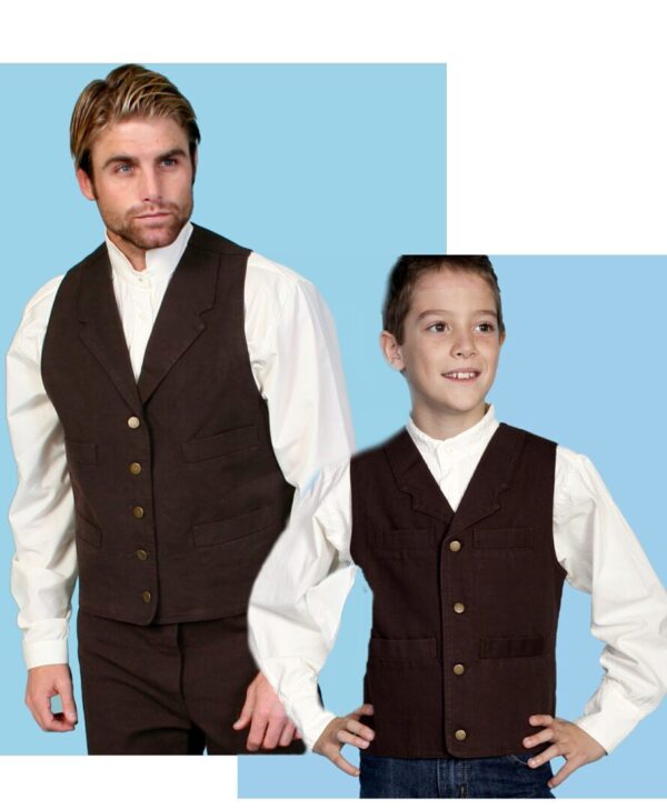 A man and a boy wearing Scully Kids 1800's Walnut brown canvas lapel vests.