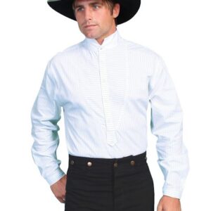 A man wearing a Mens Scully White Stripe Insert Bib Stand Up Collar Shirt and a cowboy hat.