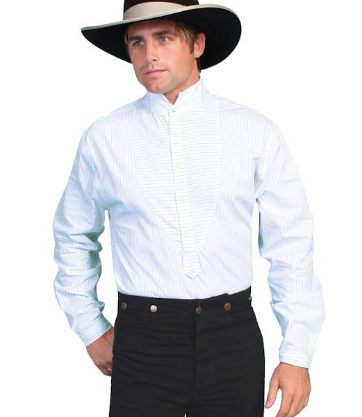 A man wearing a Mens Scully White Stripe Insert Bib Stand Up Collar Shirt and a cowboy hat.