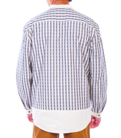 Mens Scully Blue Stripe Banded Collar Pull Over Pocket Shirt