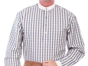 A man in a Mens Scully Blue Stripe Banded Collar Pull Over Pocket Shirt and tan pants.