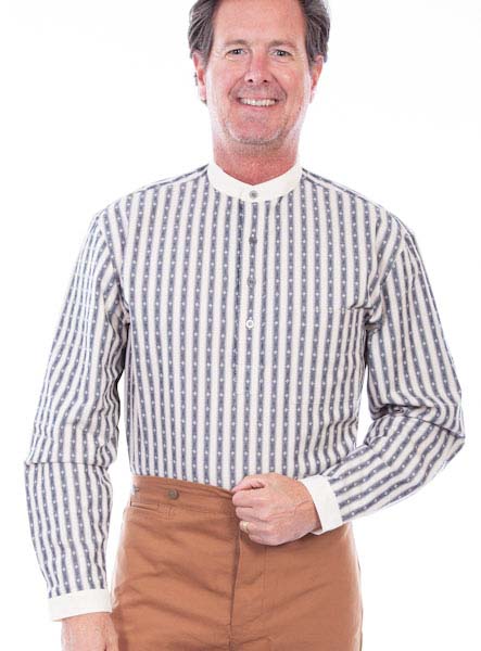 A man in a Mens Scully Blue Stripe Banded Collar Pull Over Pocket Shirt and tan pants.