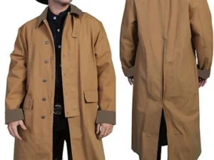 A man wearing a Scully Brown Canvas Authentic Frontier Cowboy Duster 3/4 Length.