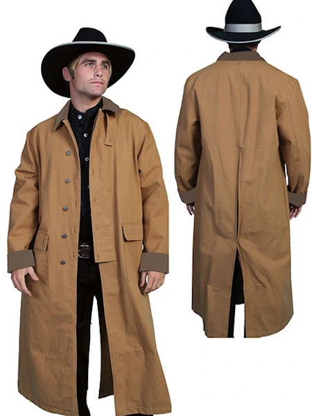 A man wearing a Scully Brown Canvas Authentic Frontier Cowboy Duster 3/4 Length.