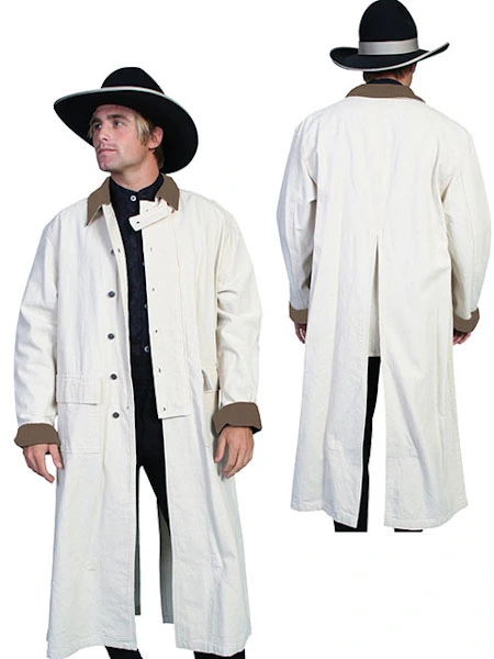 A Scully Natural Canvas Authentic Frontier Cowboy Duster 3/4 Length wearing a hat.