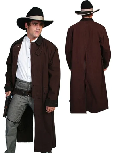 A man wearing a Scully Walnut Canvas Authentic Frontier Duster 3/4 Length and hat.