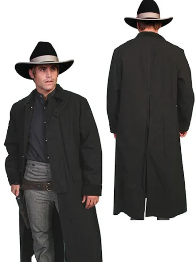 A man wearing a Scully Black Canvas Authentic Frontier Cowboy Duster 3/4 Length