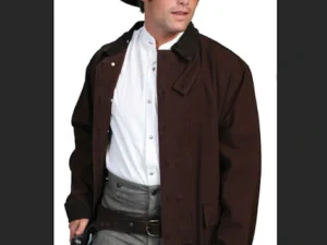 A man wearing a Scully Walnut Canvas Authentic Frontier Duster 3/4 Length.