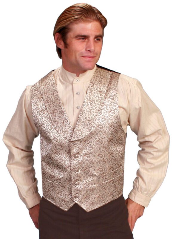 A man in a Scully Mens Traditional Brown Shawl Lapel Vest Big and Tall.
