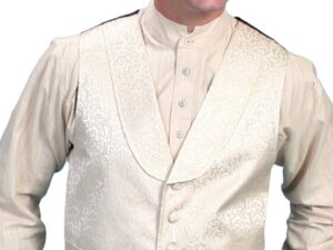 A man wearing a Scully Mens Traditional Cream Shawl Lapel Vest Big and Tall.