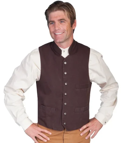 <div class="qsc-html-content"> <strong>Mens Walnut Cotton Canvas Stand Up Collar Vest</strong> <ul style="list-style: square inside none;"> <li>100% Cotton Canvas</li> <li>Adjustable back strap</li> <li>Star buttons</li> <li>S - 4XL by Scully</li> </ul> </div> •