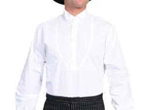 A man wearing a Men's Scully wing tip inset White bib banded collar shirt and a hat.