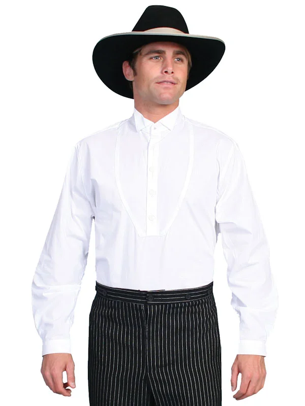 A man wearing a Men's Scully wing tip inset White bib banded collar shirt and a hat.