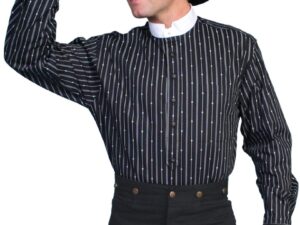 A man wearing a Mens Scully Tombstone Black Banded Collar Pull Over Shirt and cowboy hat.