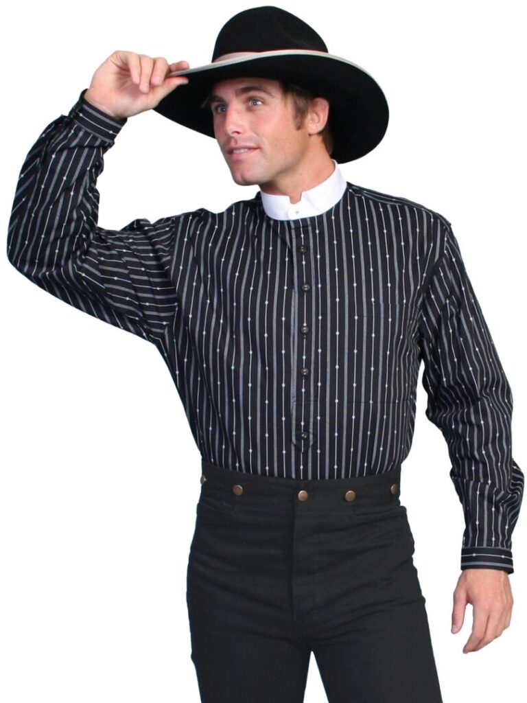 A man wearing a Mens Scully Tombstone Black Banded Collar Pull Over Shirt and cowboy hat.
