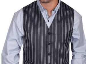 A man wearing a Scully Mens Sophisticated Double Pinstripe Black western vest.