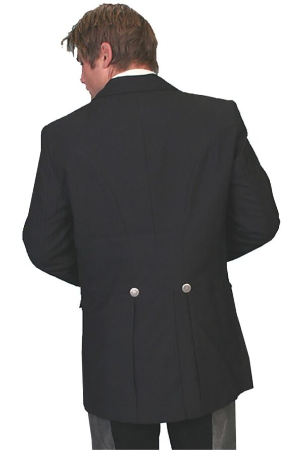 The back view of a man wearing a Mens Scully Traditional Old West Black Dress Coat, reminiscent of an old west coat.