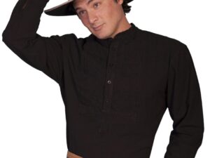 A man wearing a Mens Scully Black Paisley Insert Bib banded collar shirt and hat.