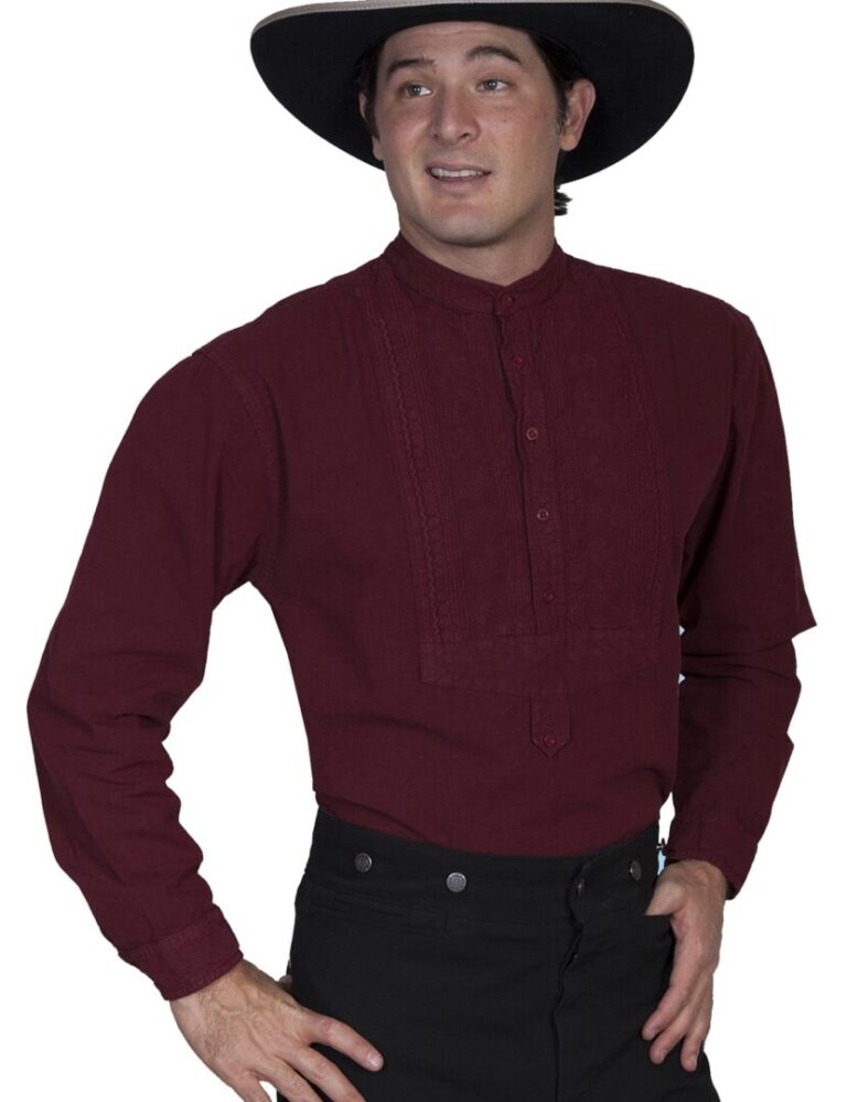 A man wearing a Mens Scully Burgundy Paisley Insert Bib banded collar shirt and cowboy hat.