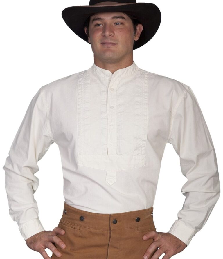 A man wearing a Men's Scully Ivory Paisley Insert Bib banded collar shirt and cowboy hat.