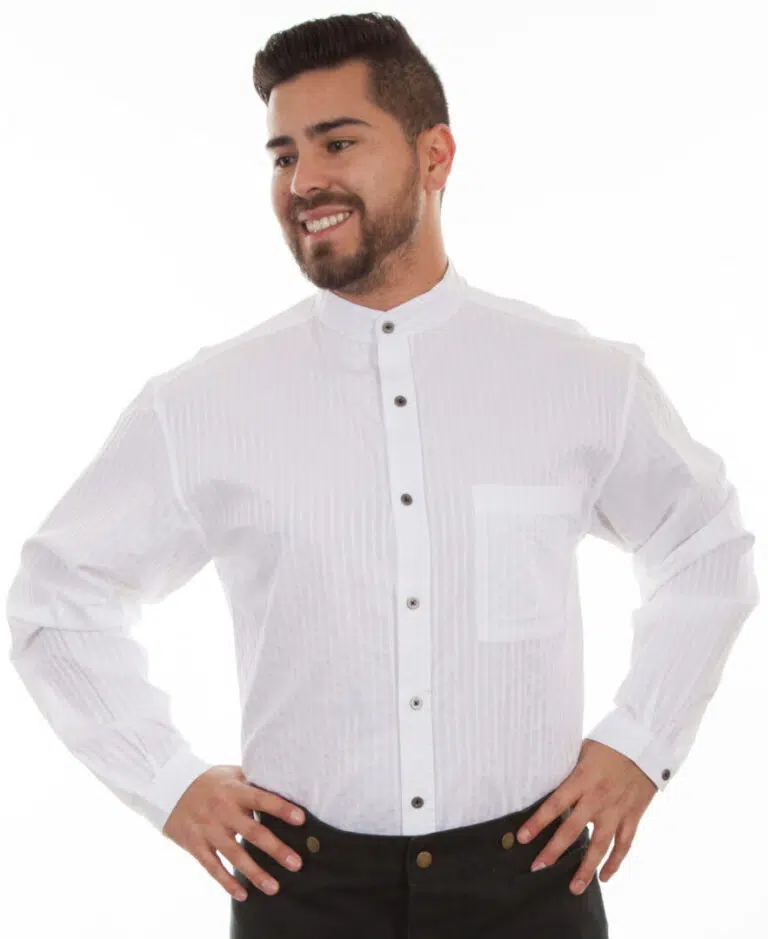 A man wearing a Mens Scully White Tonal Chest Pocket Banded Collar Shirt and black pants.