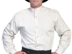 A man wearing a Mens Scully Button Down Ivory Stripe Banded Collar Bib Shirt and cowboy hat.