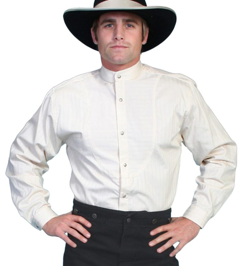 A man wearing a Mens Scully Button Down Ivory Stripe Banded Collar Bib Shirt and cowboy hat.