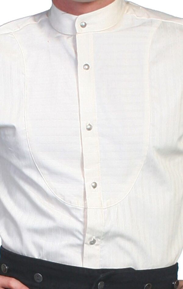 A man in a Mens Scully Button Down Ivory Stripe Banded Collar Bib Shirt is posing for a photo.