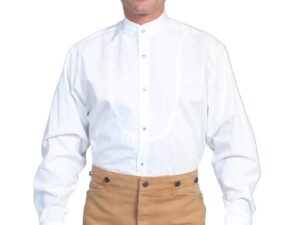 A man wearing a Mens Scully Button Down White Stripe Banded Collar Bib Shirt and a cowboy hat.