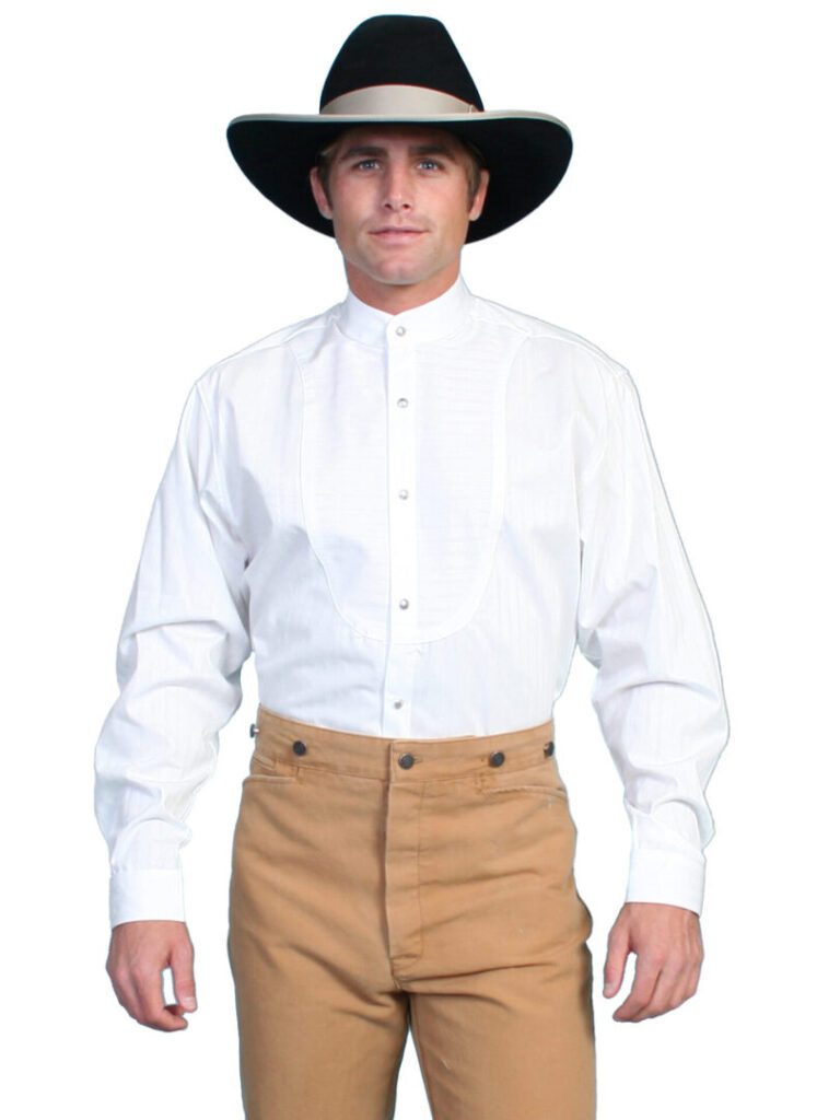 A man wearing a Mens Scully Button Down White Stripe Banded Collar Bib Shirt and a cowboy hat.