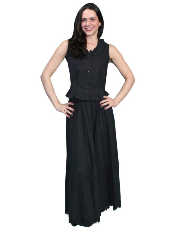 A woman in the Scully Womens Prairie Black Cotton Petticoat Skirt posing for a photo.