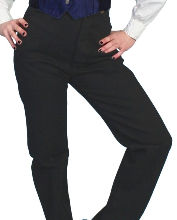 A woman wearing Scully Womens black canvas Saddle seat riding pants and a blue vest.