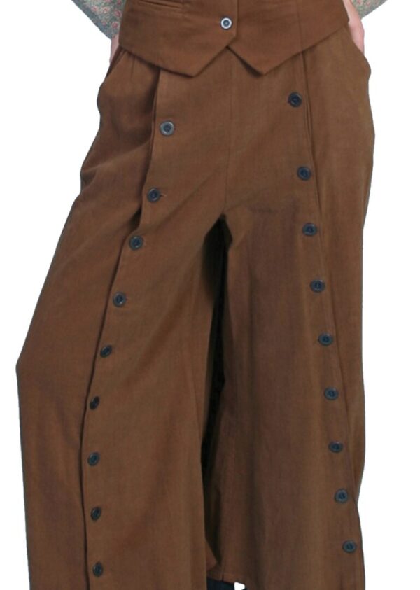 A woman is wearing a Brushed Twill Womens Brown Button Split Riding Skirt USA made with buttons.