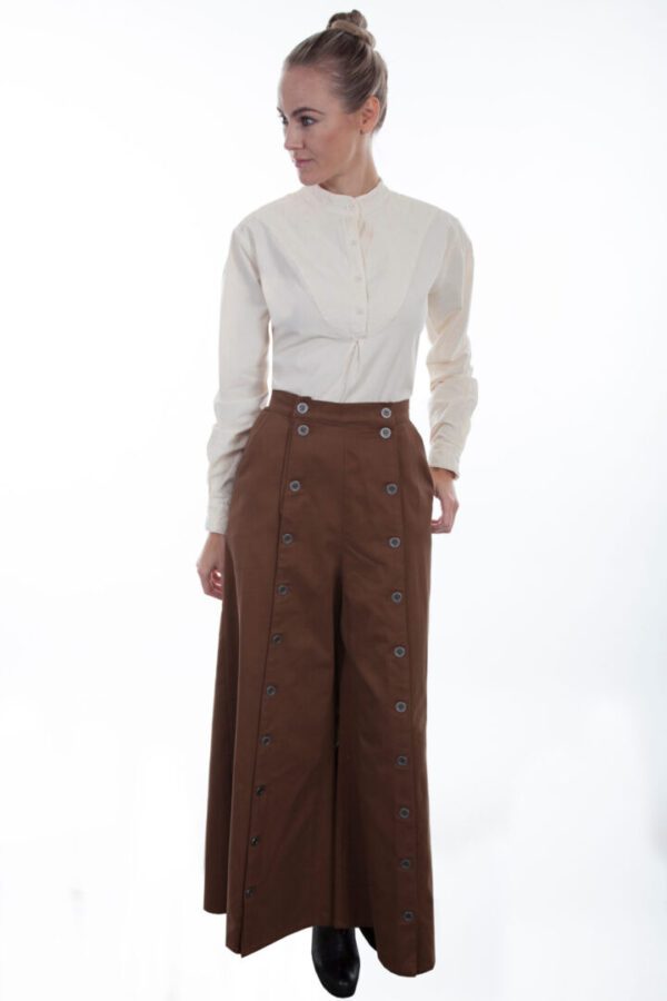 A woman in a Brushed Twill Womens Brown Button Split Riding Skirt USA made.