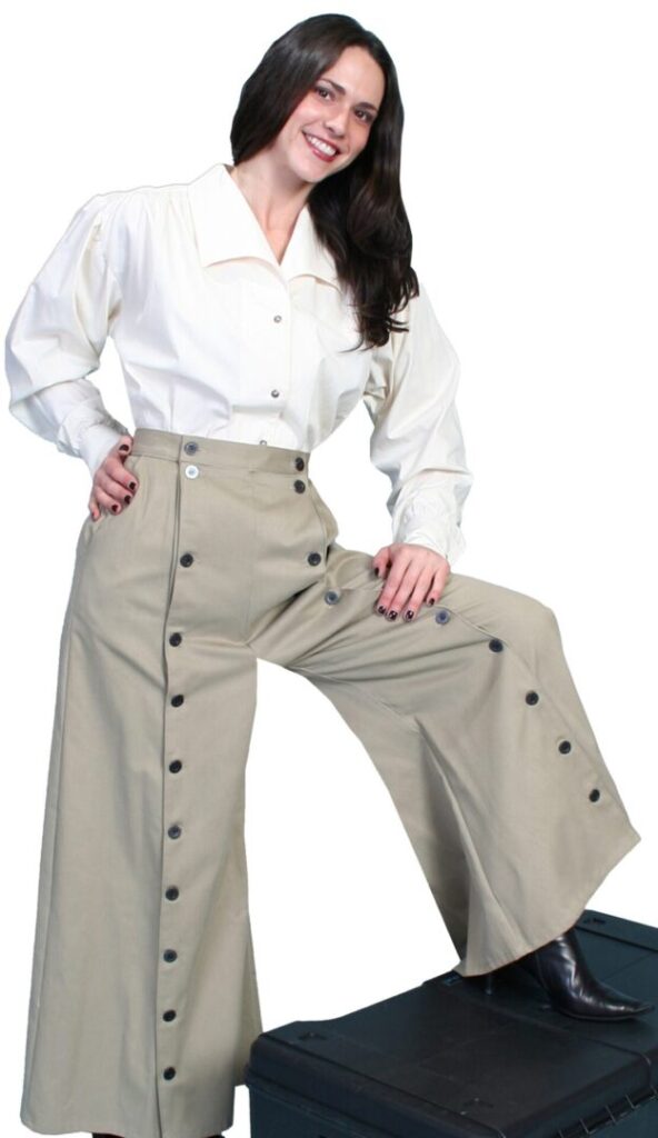 A woman in a white shirt and Brushed Twill Womens Tan Button Split Riding Skirt USA made pants.